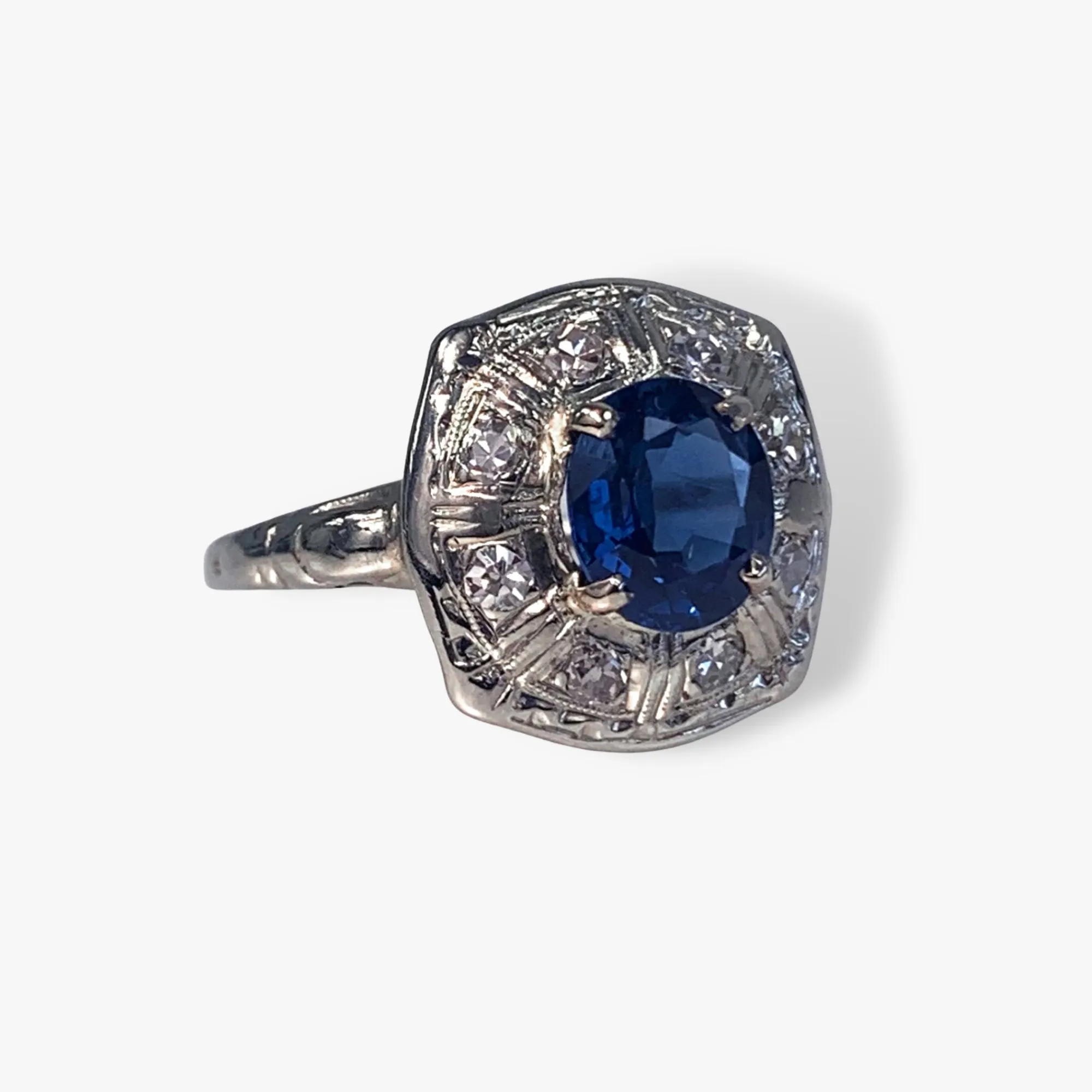 14k White Gold Round Blue and White Sapphire Vintage Ring