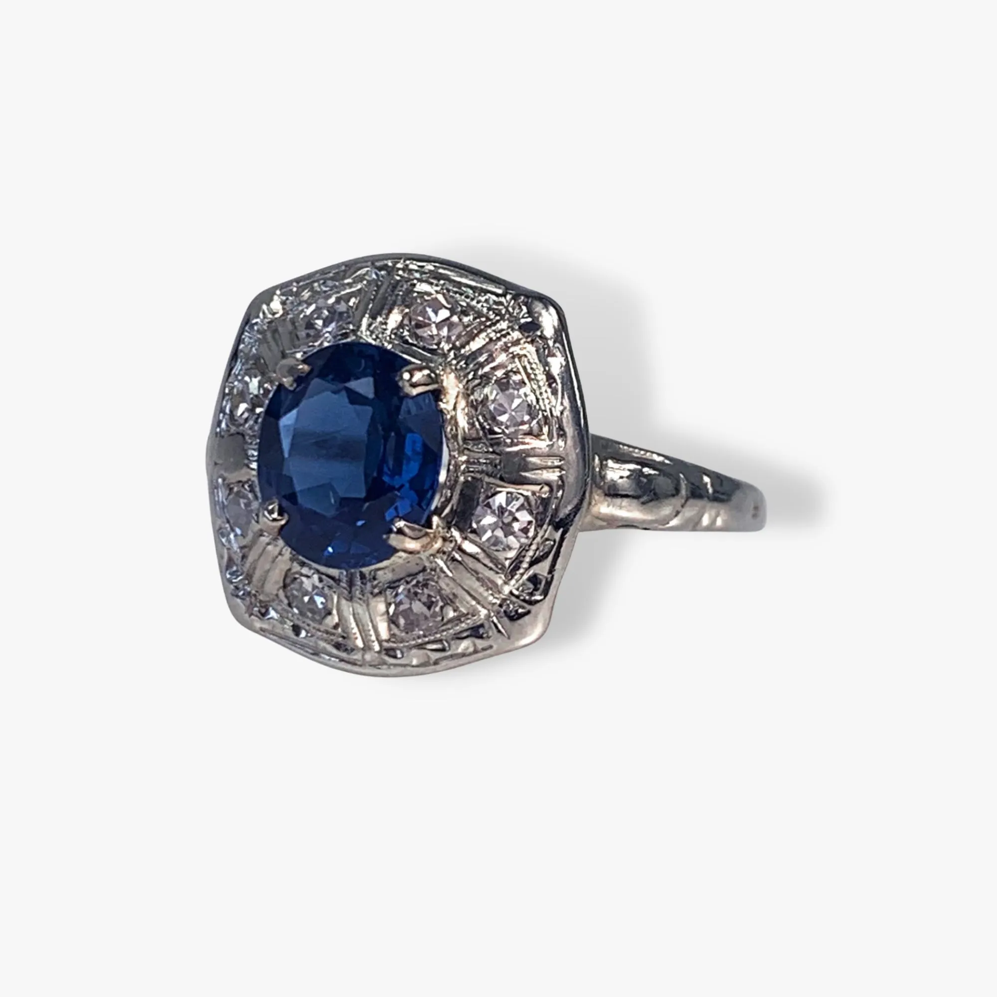 14k White Gold Round Blue and White Sapphire Vintage Ring