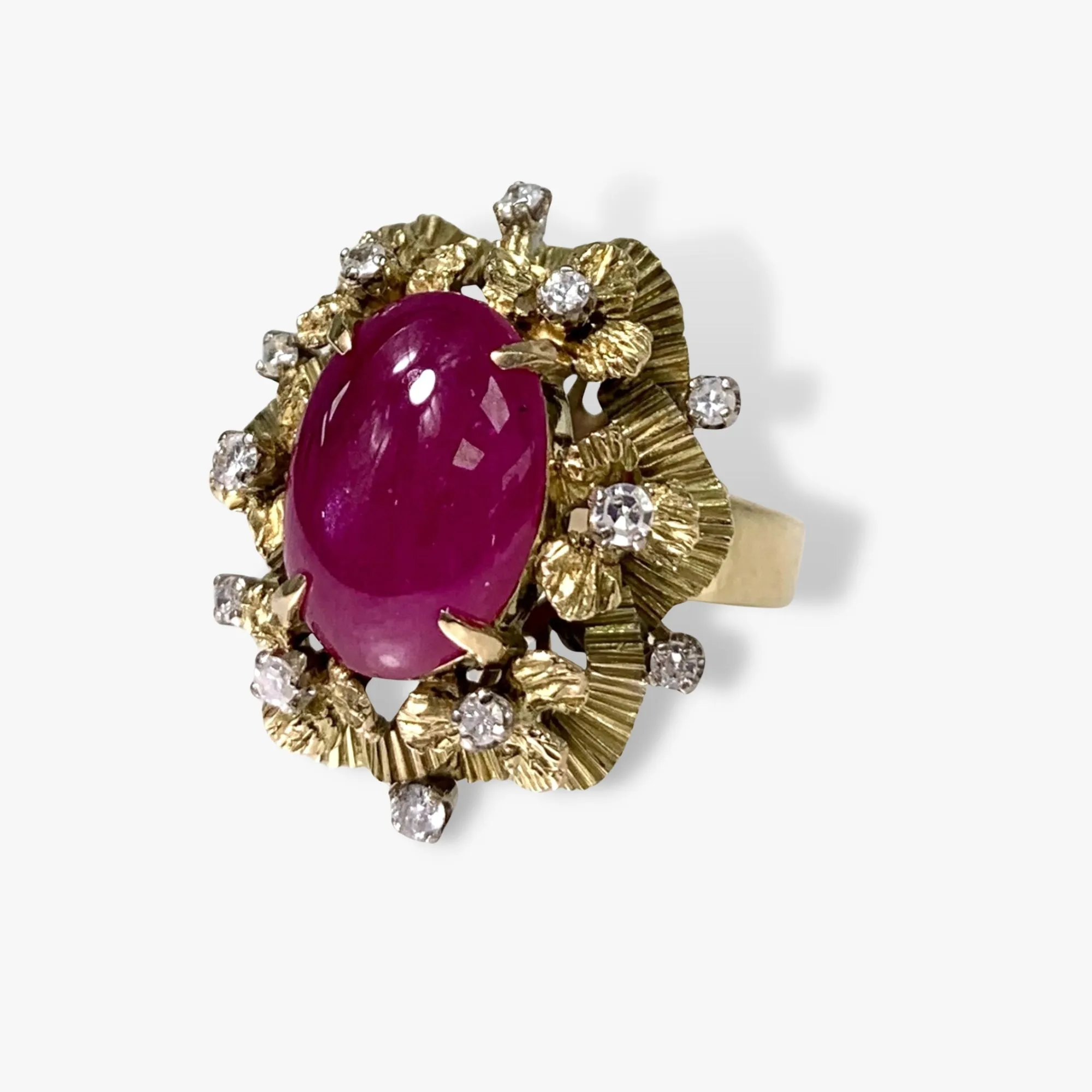 14k Yellow Gold Cabochon Cut Ruby Diamond Vintage Ring