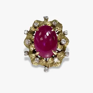 14k Yellow Gold Cabochon Cut Ruby Diamond Vintage Ring