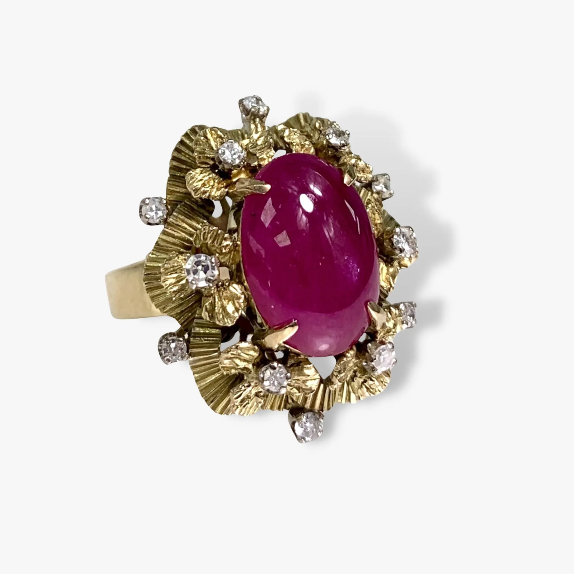 14k Yellow Gold Cabochon Cut Ruby Diamond Vintage Ring