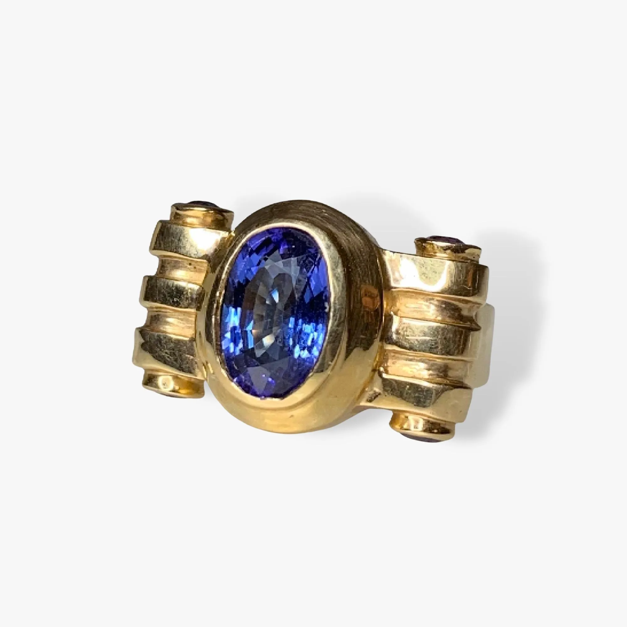 14k Yellow Gold Oval and Round Tanzanite Vintage Bezel Ring