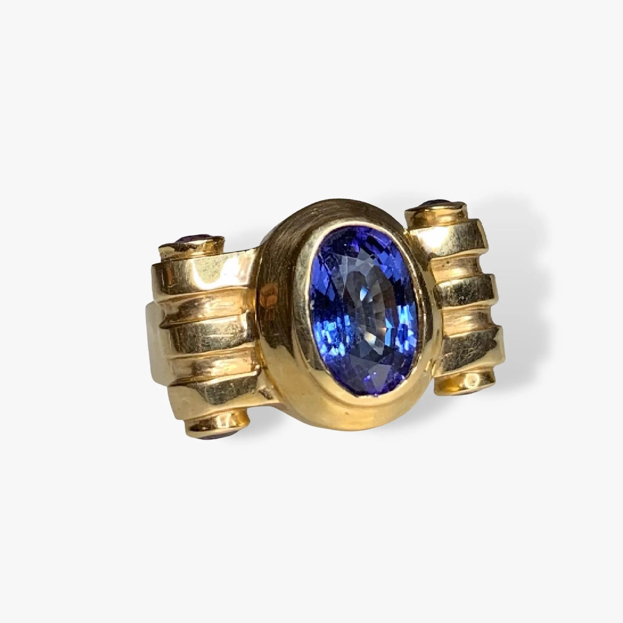 14k Yellow Gold Oval and Round Tanzanite Vintage Bezel Ring