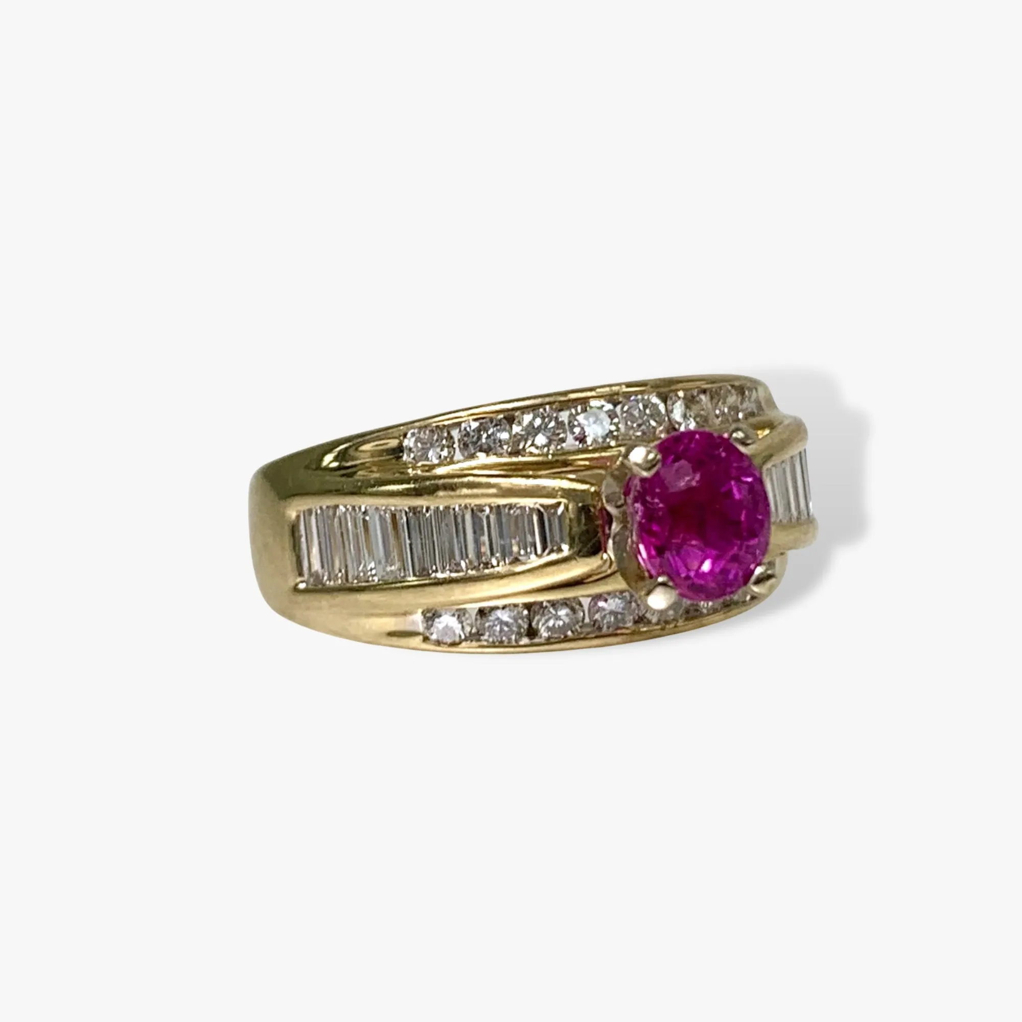 14k Yellow Gold Oval Cut Ruby and Diamond Wide Band Vintage Ring