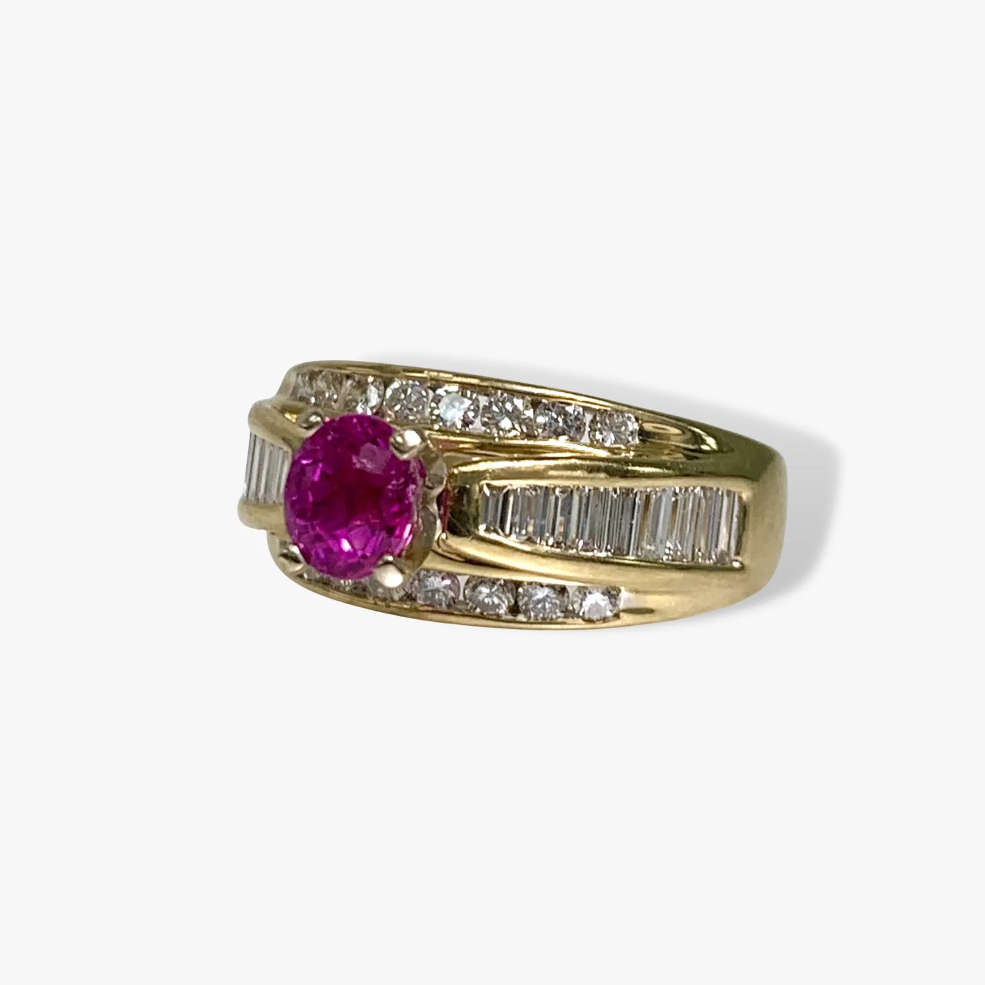 14k Yellow Gold Oval Cut Ruby and Diamond Wide Band Vintage Ring