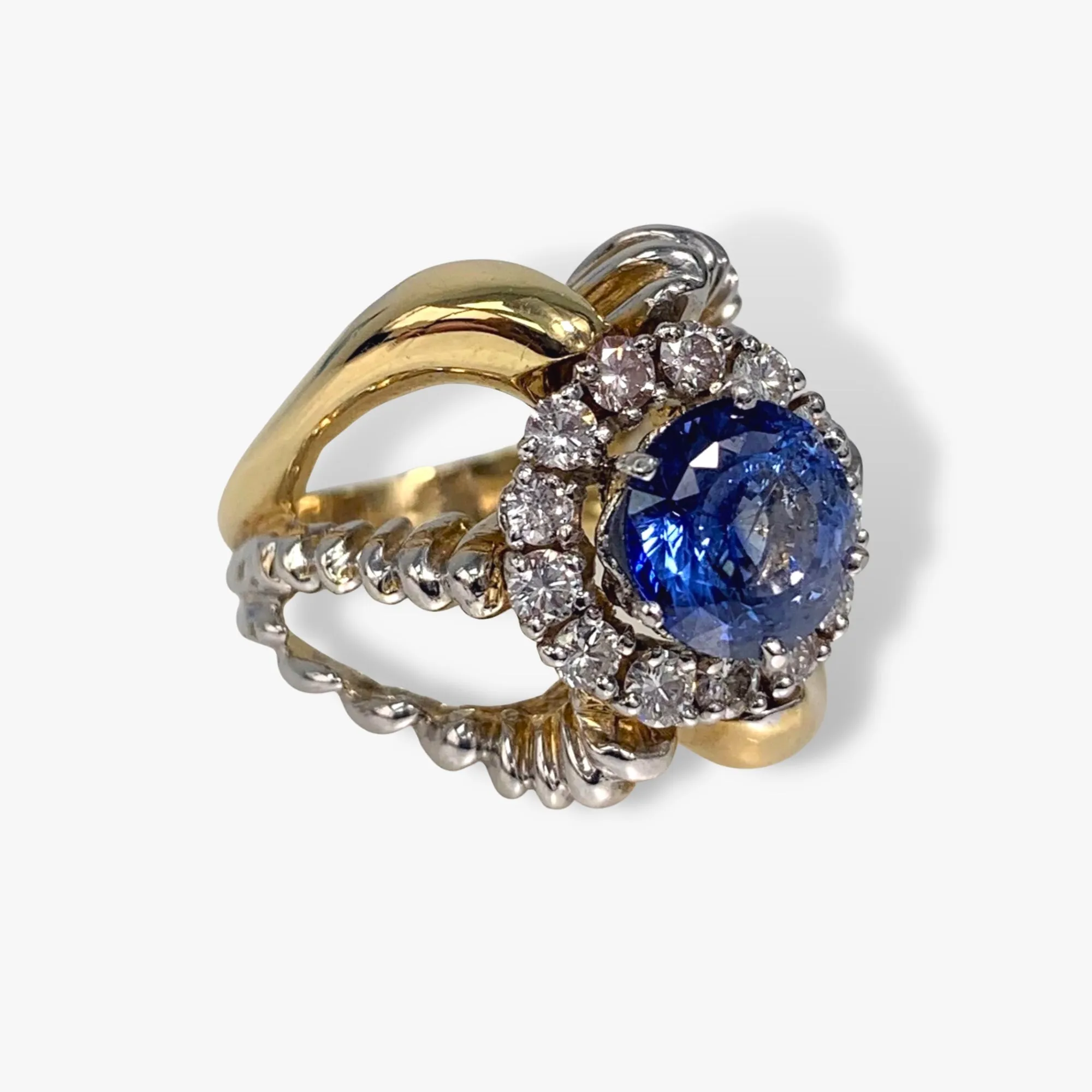 18k Yellow Gold Blue Sapphire and Diamond Two-Toned Gold Vintage Ring