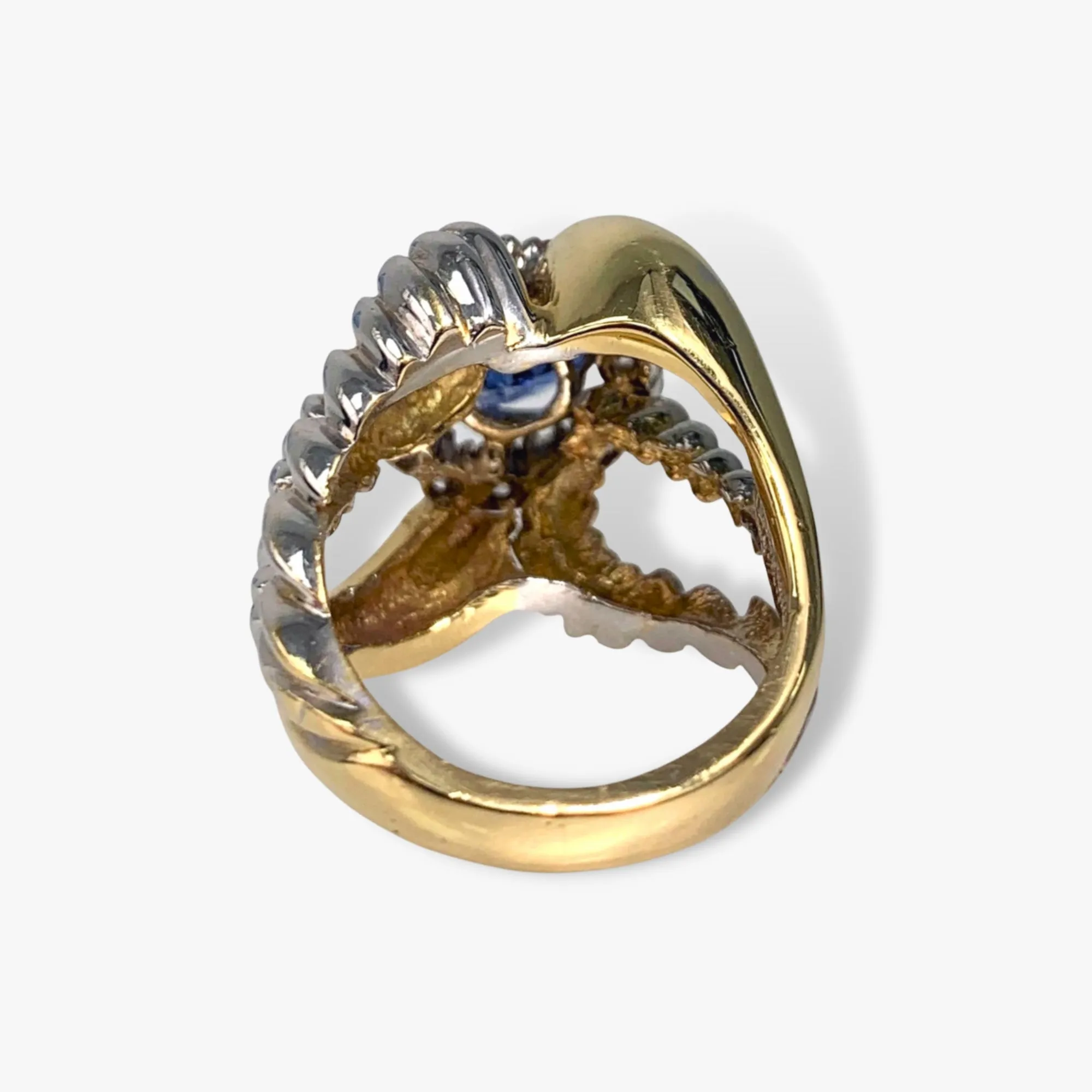 18k Yellow Gold Blue Sapphire and Diamond Two-Toned Gold Vintage Ring