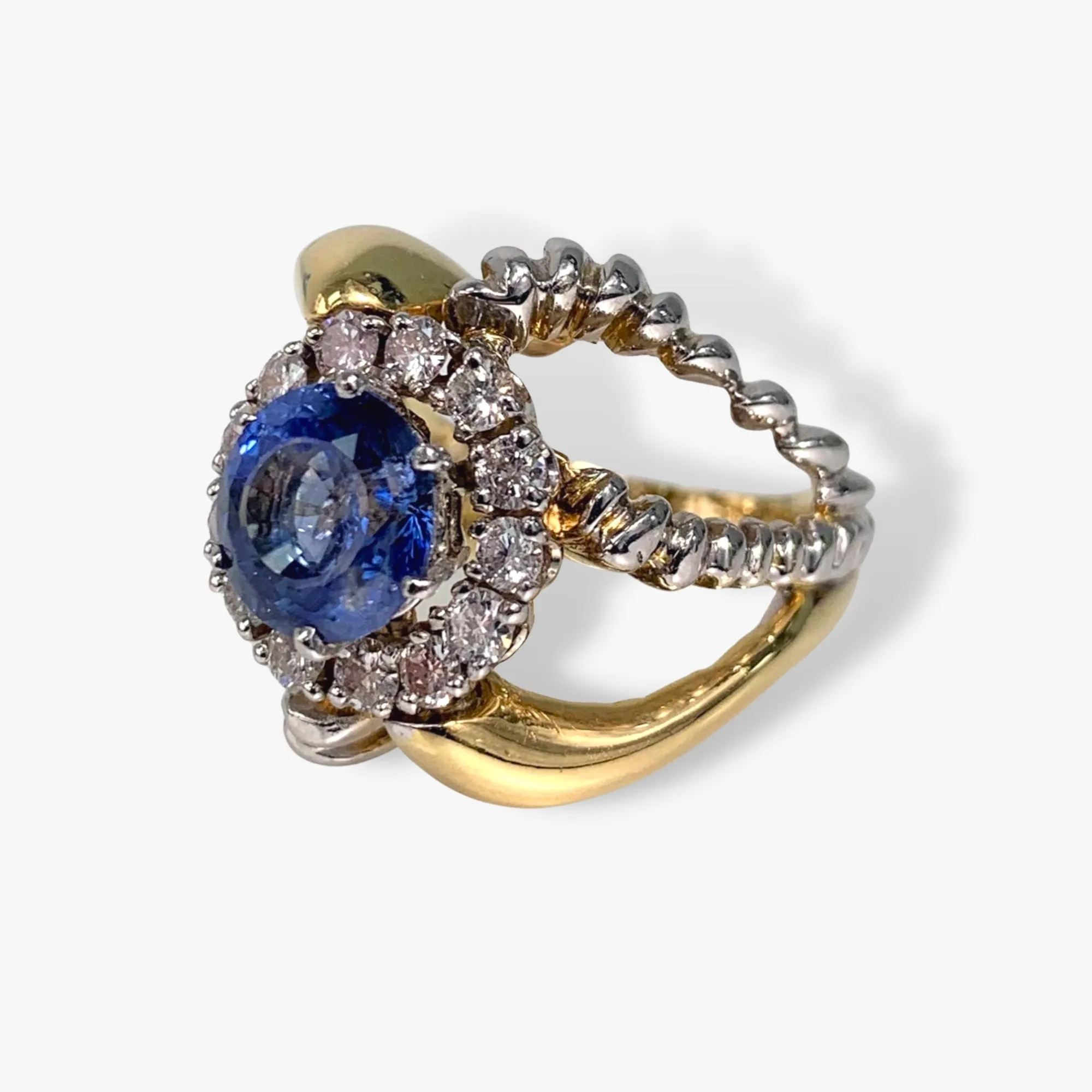 18k Yellow Gold Blue Sapphire and Diamond Two-Toned Gold Vintage Ring