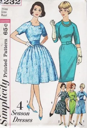 60s Slim or Full Skirt Dress Pattern Simplicity 4232 Four Season Dresses Lovely Jewel Notched Neckline Plus Detachable Collar Includes Cummerbund Bust 38 Vintage Sewing Pattern