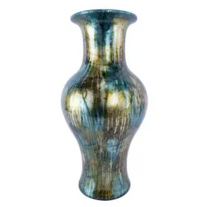 9.5" X 9.5" X 18" Turquoise Copper and Bronze Ceramic Foiled and Lacquered Ceramic Vase