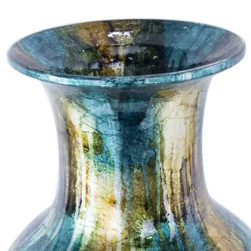 9.5" X 9.5" X 18" Turquoise Copper and Bronze Ceramic Foiled and Lacquered Ceramic Vase