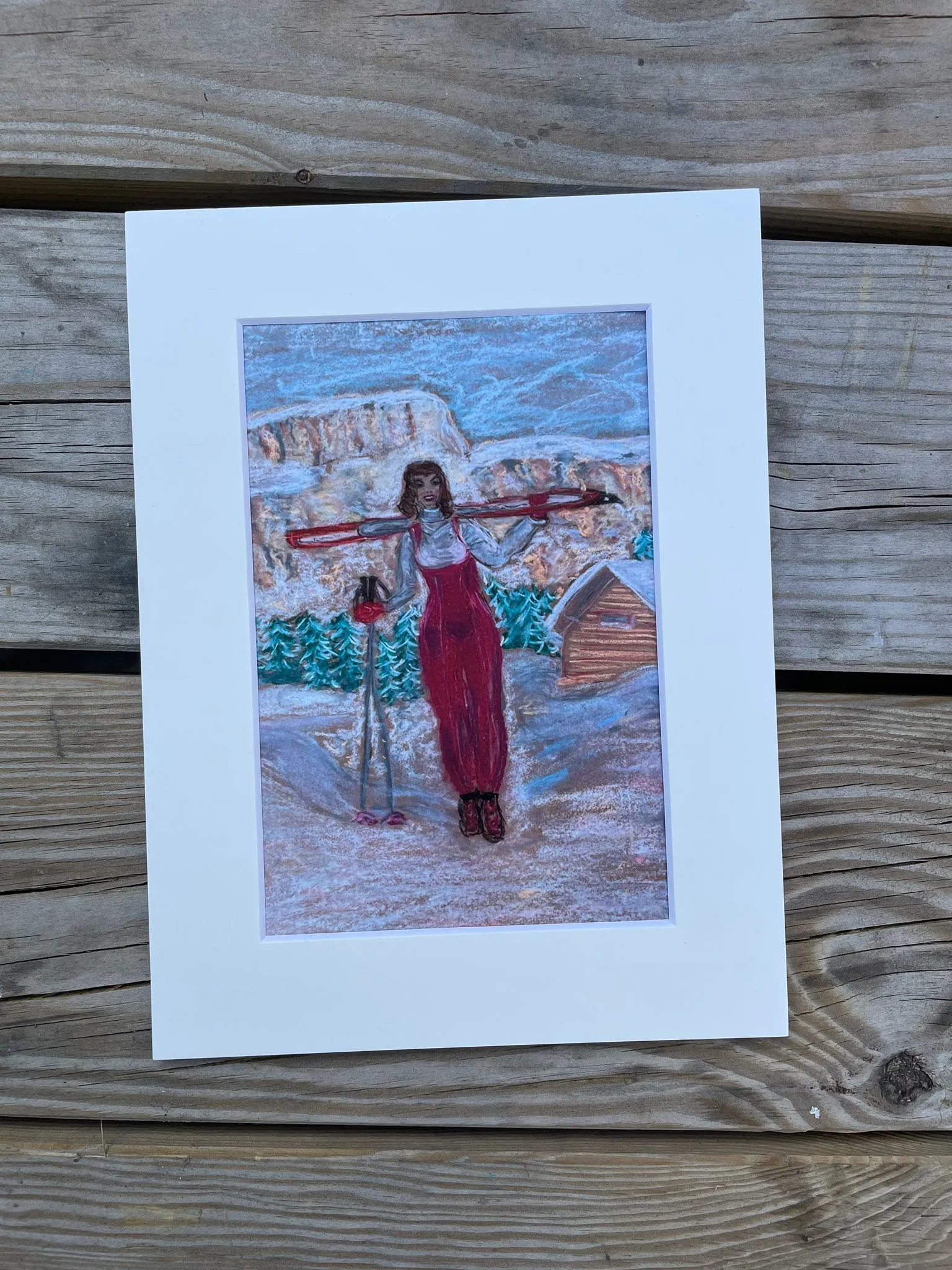 A Limited-Edition Giclée Print of a Girl with Skis in Val di Fassa with the Marmolada in the background in a variety of shapes