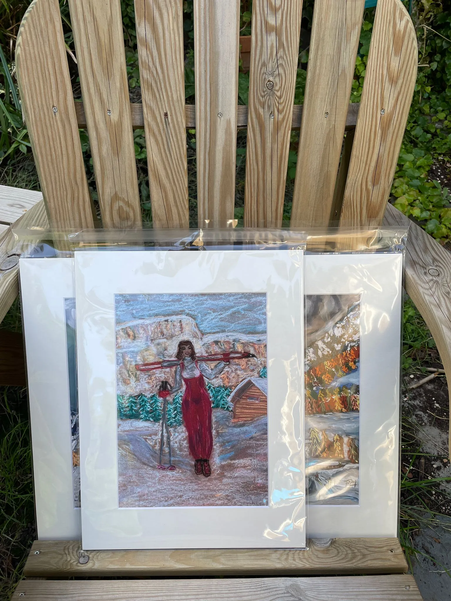 A Limited-Edition Giclée Print of a Girl with Skis in Val di Fassa with the Marmolada in the background in a variety of shapes