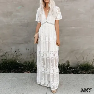 Amy Fashion - Loose Embroidery White Lace long Tunic Beach Dress