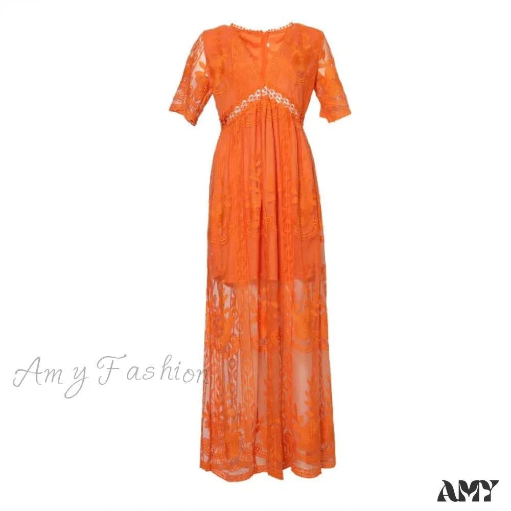 Amy Fashion - Loose Embroidery White Lace long Tunic Beach Dress