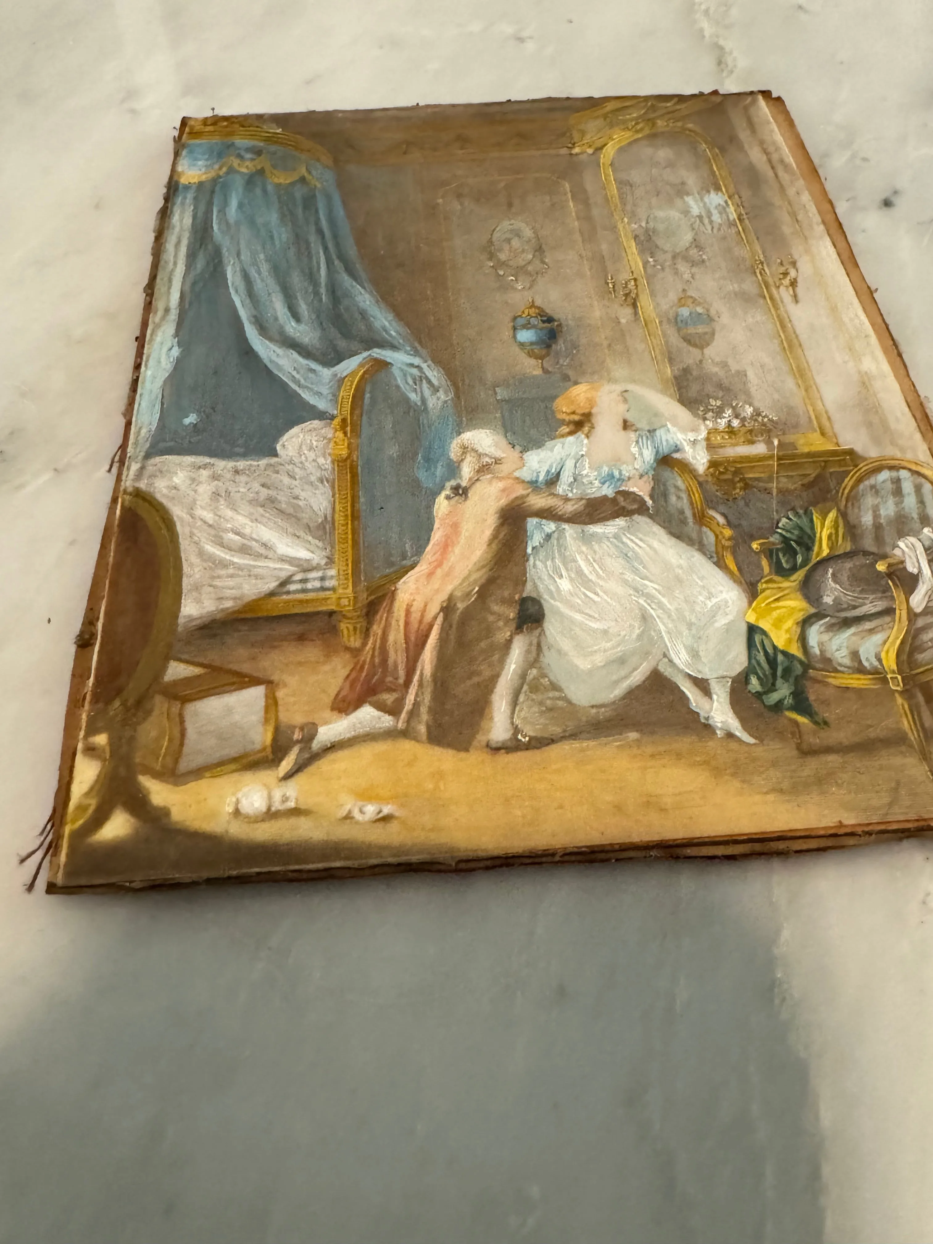 Antique French Miniature Painting in Bronzed Gold Frame