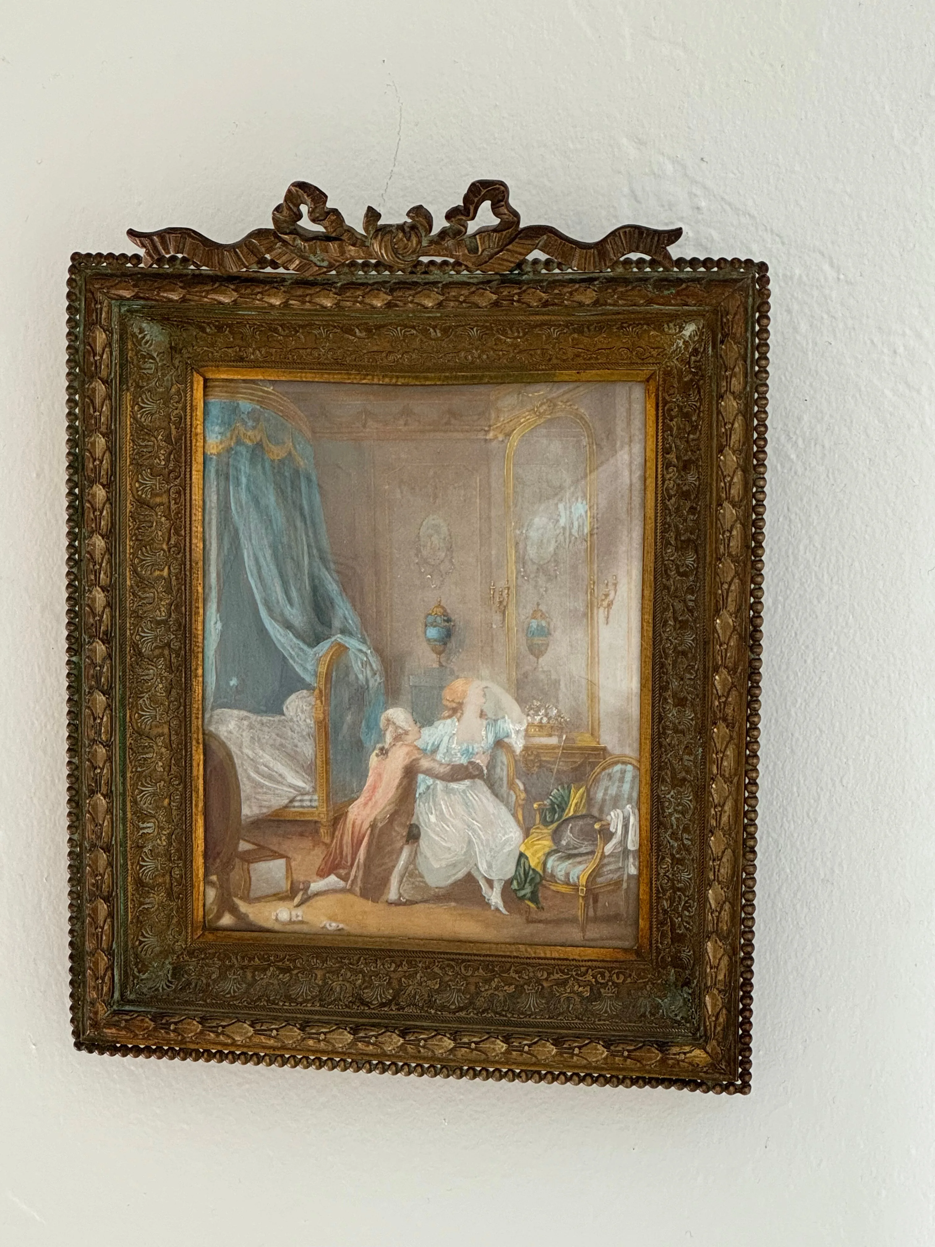 Antique French Miniature Painting in Bronzed Gold Frame