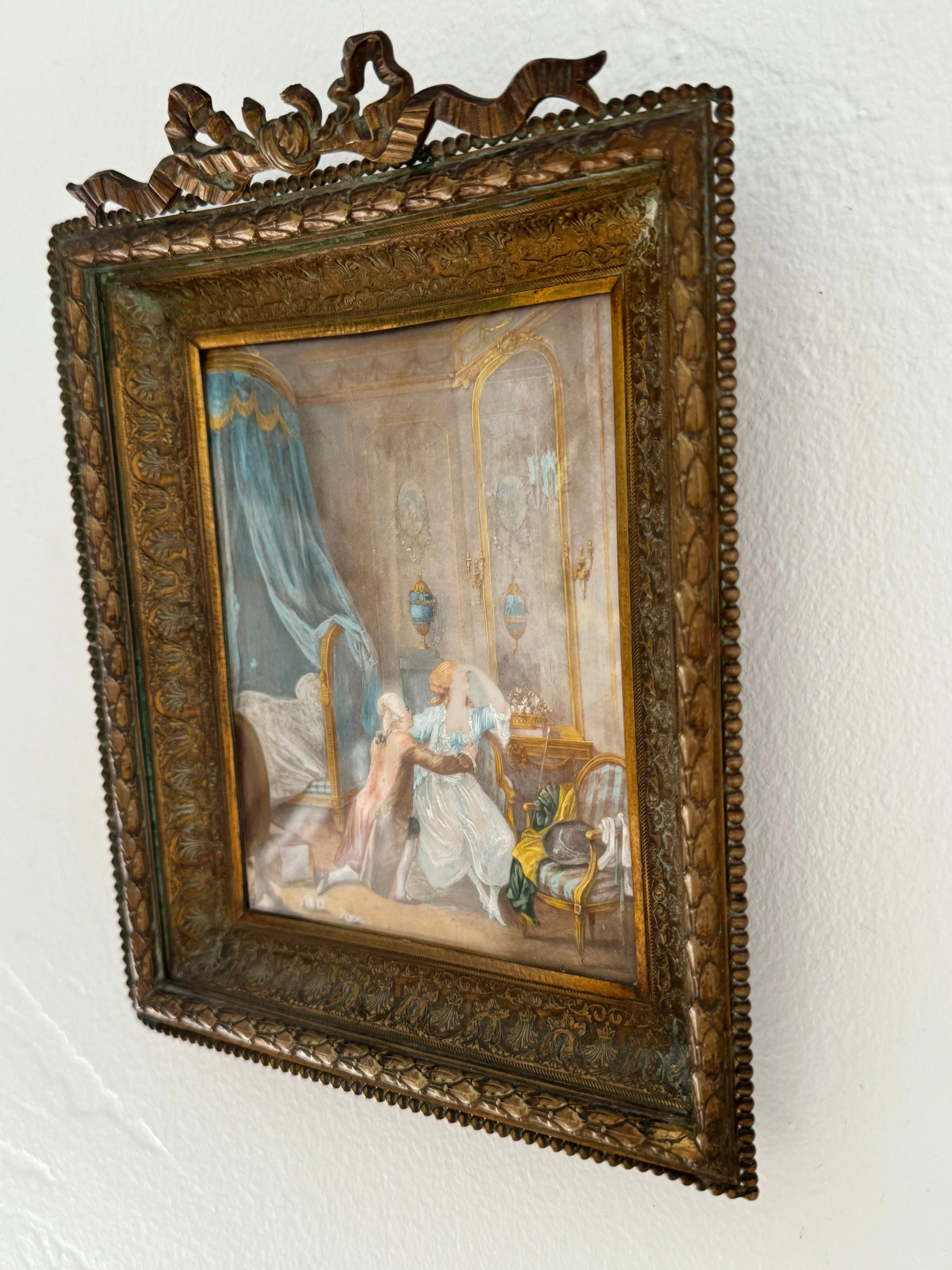 Antique French Miniature Painting in Bronzed Gold Frame