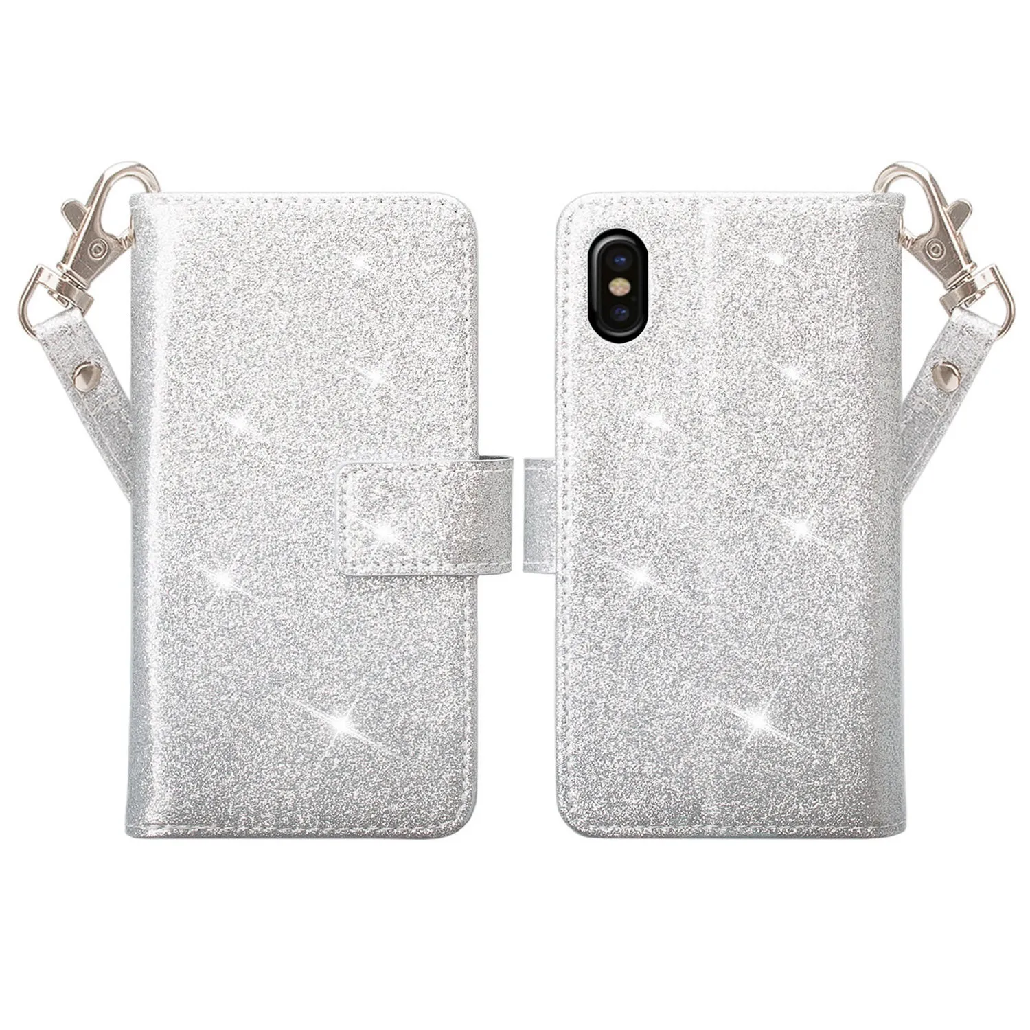 Apple iPhone X, Iphone 10 Case, [Wrist Strap] Glitter Faux Leather Flip [Kickstand Feature] Protective Wallet Case Cover Clutch - Silver