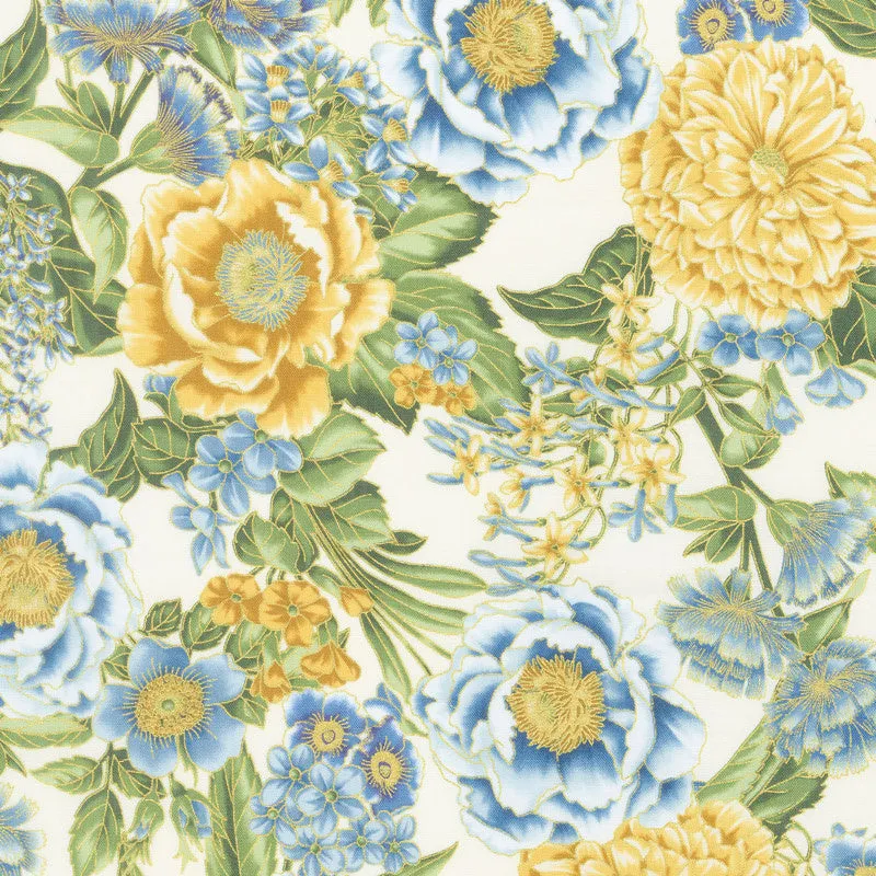 Avery Hill - Blue Flowers Ivory Metallic Yardage