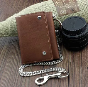 Badass Brown Leather Men's Trifold Small Biker Wallet Chain Wallet Wallet with chain For Men