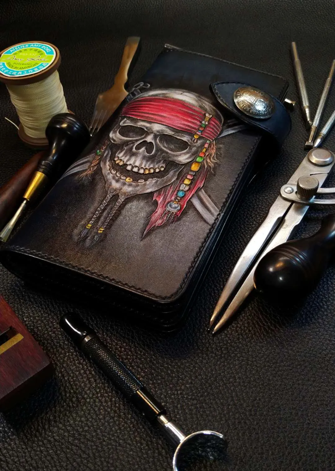 Badass Leather Men's Pirate Skull Long Biker Wallet Handmade Tooled Biker Chain Wallets For Men