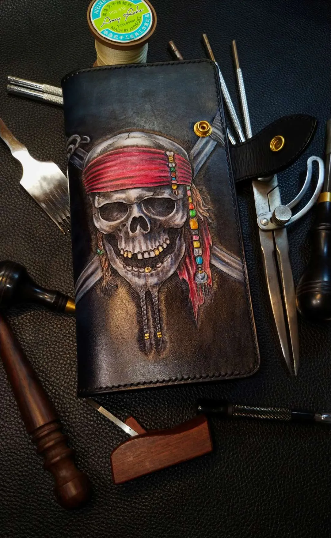 Badass Leather Men's Pirate Skull Long Biker Wallet Handmade Tooled Biker Chain Wallets For Men