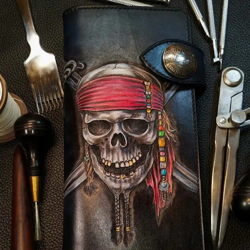 Badass Leather Men's Pirate Skull Long Biker Wallet Handmade Tooled Biker Chain Wallets For Men