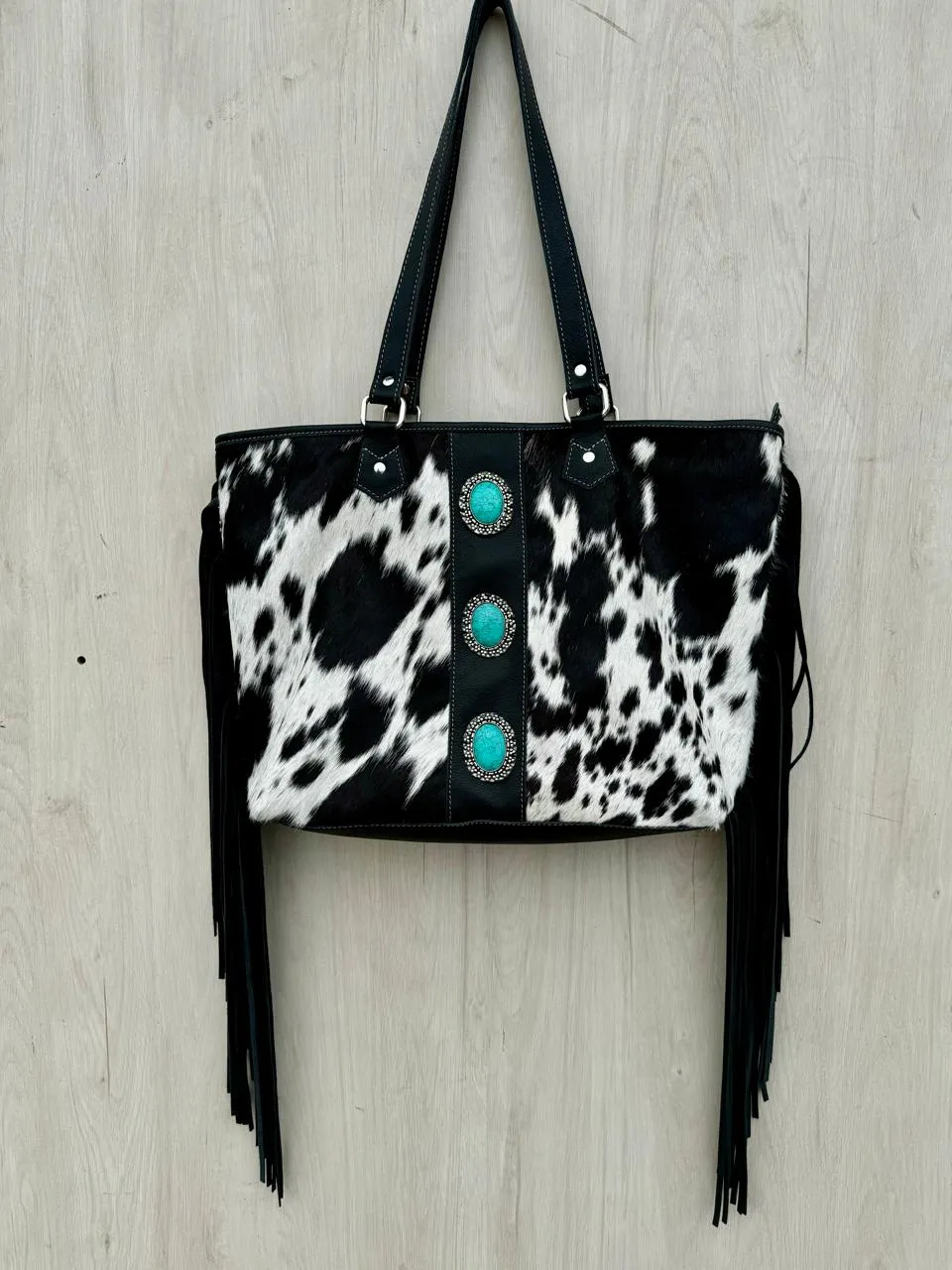 Big Cowhide Bag With Turquoise Stonework and Fringes