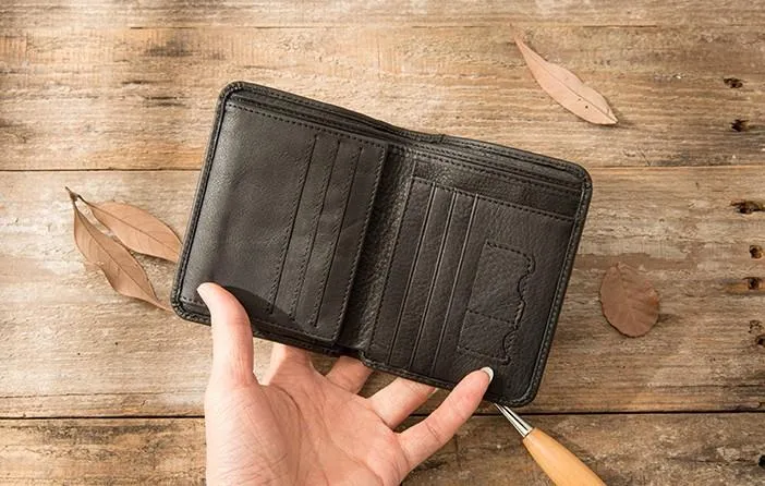 Black Cool Leather Mens Small Wallet Trifold Vintage billfold Wallet for Men