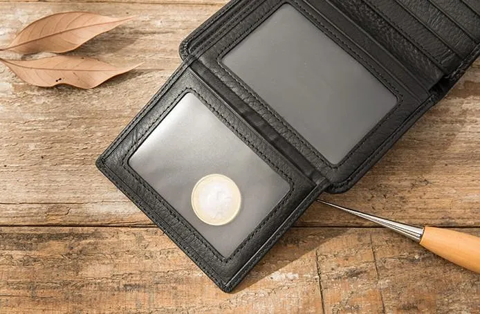 Black Cool Leather Mens Small Wallet Trifold Vintage billfold Wallet for Men