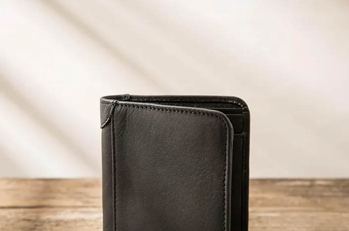 Black Cool Leather Mens Small Wallet Trifold Vintage billfold Wallet for Men