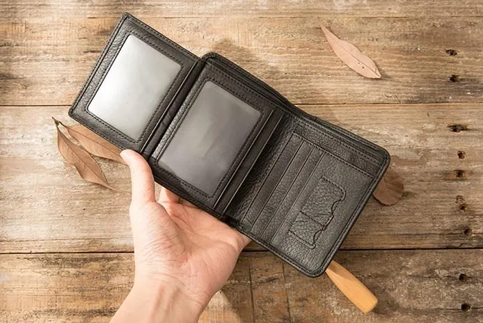 Black Cool Leather Mens Small Wallet Trifold Vintage billfold Wallet for Men