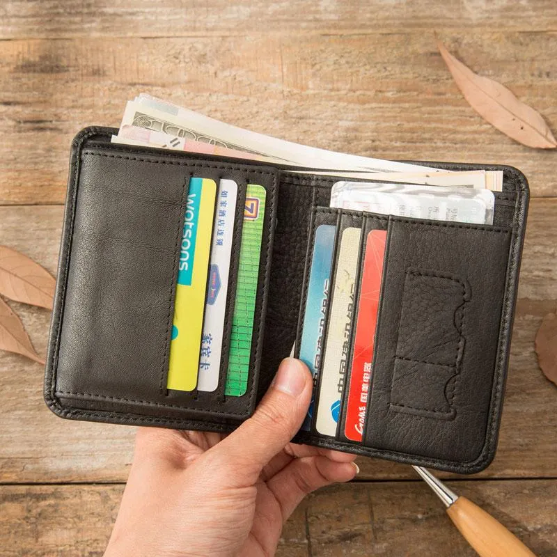 Black Cool Leather Mens Small Wallet Trifold Vintage billfold Wallet for Men