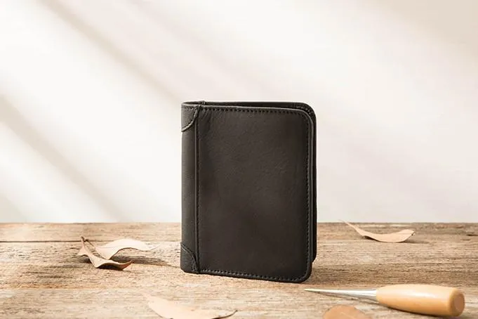 Black Cool Leather Mens Small Wallet Trifold Vintage billfold Wallet for Men