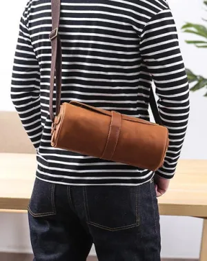 Black Leather Mens Brown Barrel Postman Bag Brown Bucket Messenger Bag Side Bag For Men