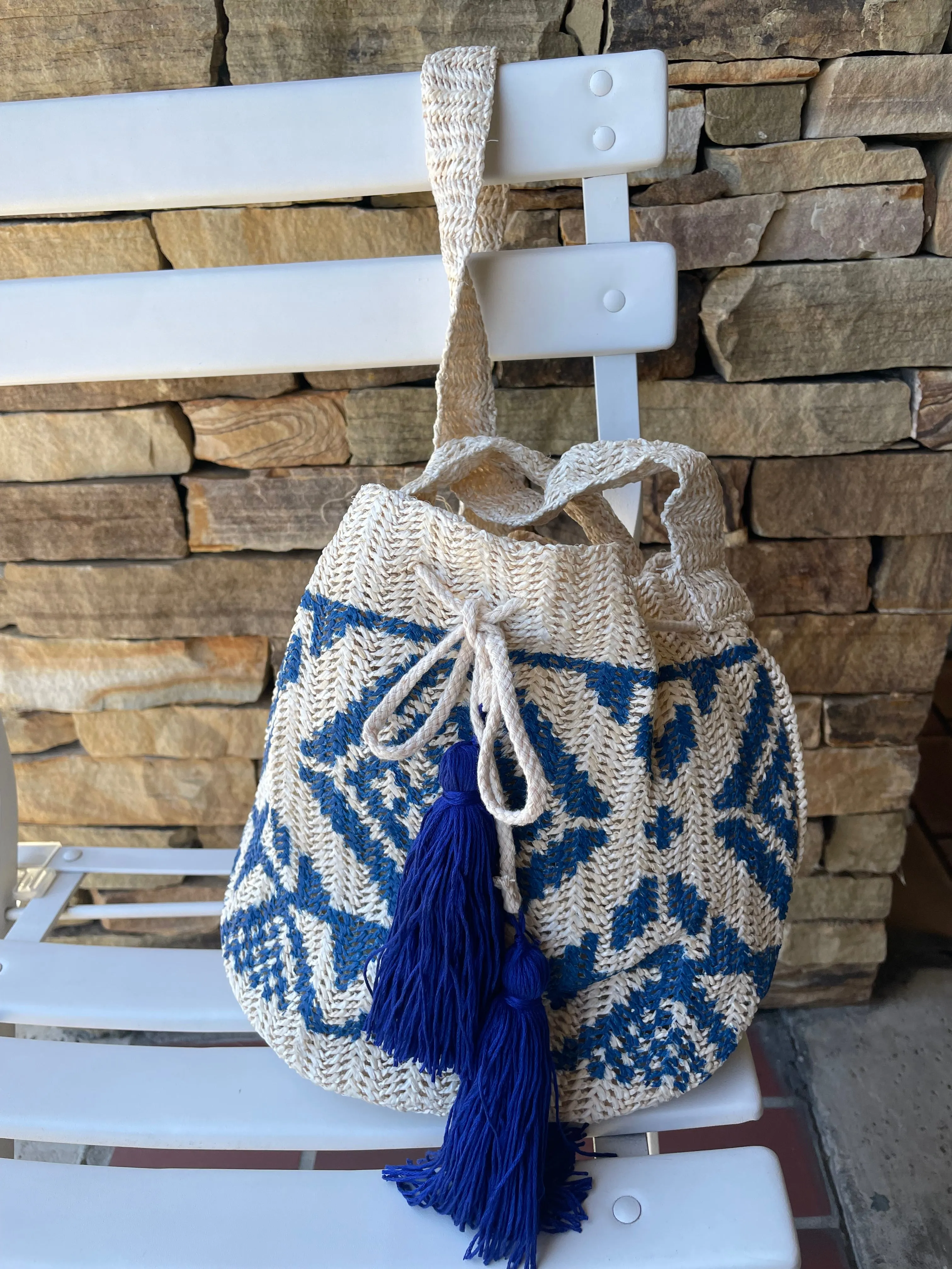 Blue & Natural Bucket Bag w/Cinch Tassel Drawstring