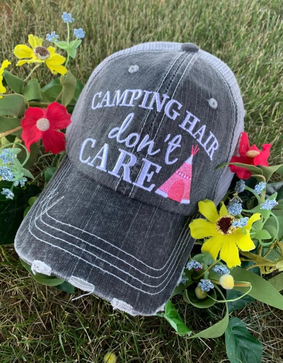 Camping hats CAMPING hair dont care Embroidered distressed trucker cap