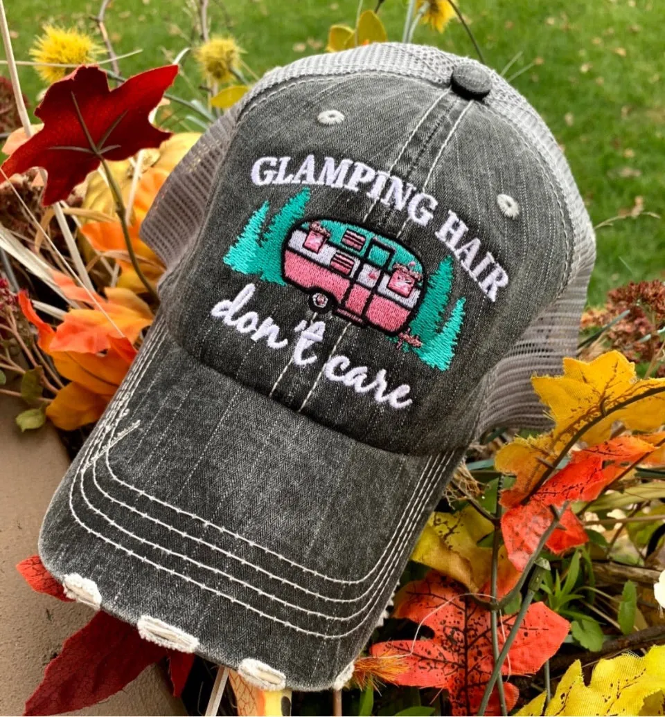 Camping hats CAMPING hair dont care Embroidered distressed trucker cap