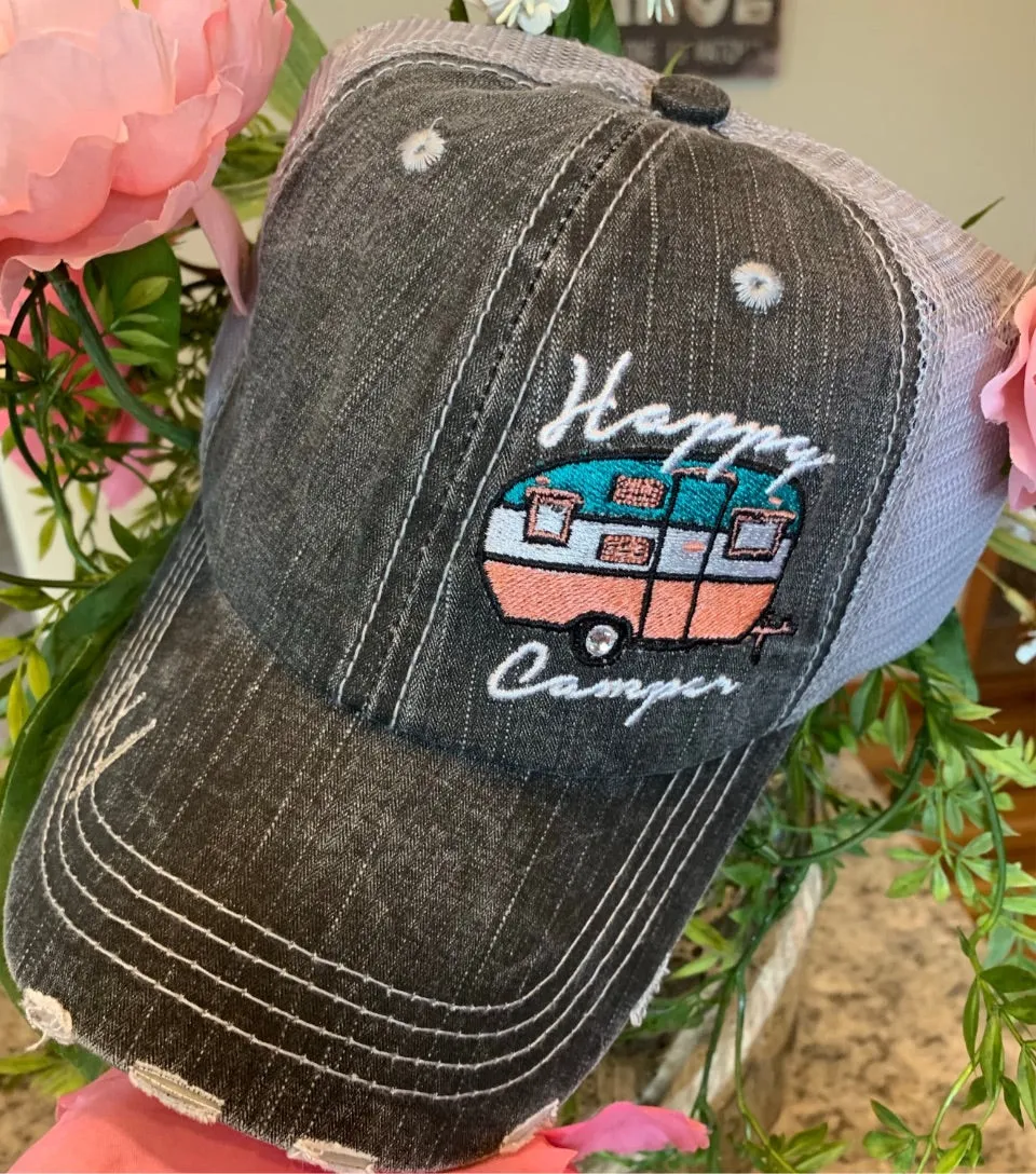 Camping hats CAMPING hair dont care Embroidered distressed trucker cap