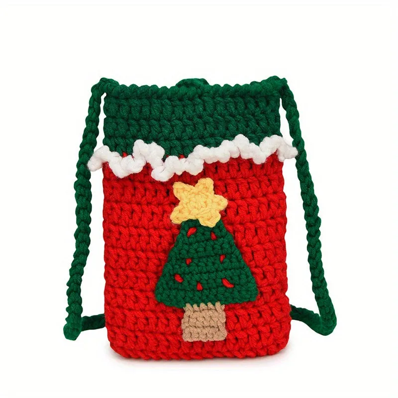 Charming Christmas Crochet Crossbody Bag - Handmade Santa & Reindeer Phone Pouch, Fabric Lined, Cartoon-Themed Fashion Accessory for Women