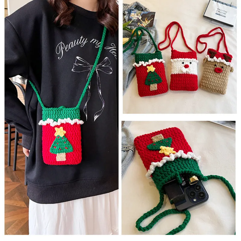 Charming Christmas Crochet Crossbody Bag - Handmade Santa & Reindeer Phone Pouch, Fabric Lined, Cartoon-Themed Fashion Accessory for Women