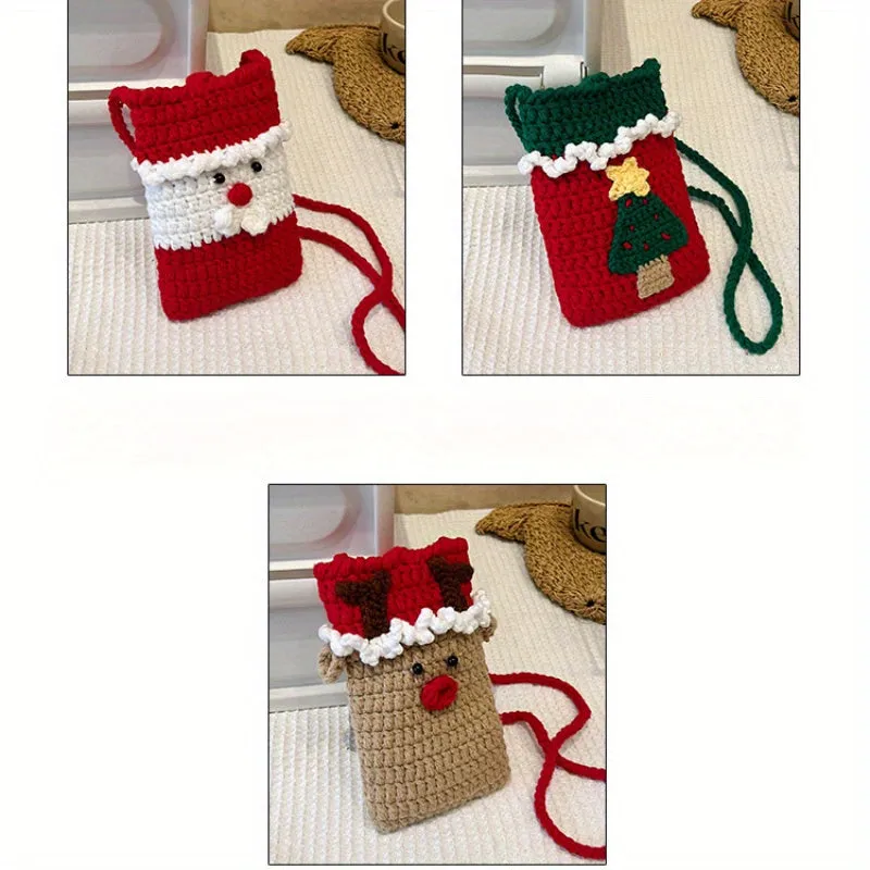 Charming Christmas Crochet Crossbody Bag - Handmade Santa & Reindeer Phone Pouch, Fabric Lined, Cartoon-Themed Fashion Accessory for Women