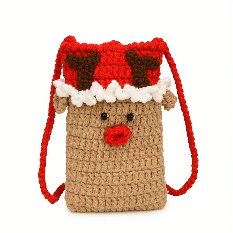 Charming Christmas Crochet Crossbody Bag - Handmade Santa & Reindeer Phone Pouch, Fabric Lined, Cartoon-Themed Fashion Accessory for Women