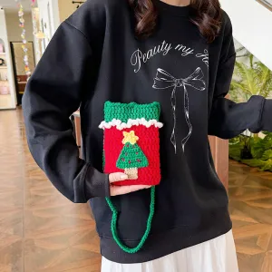 Charming Christmas Crochet Crossbody Bag - Handmade Santa & Reindeer Phone Pouch, Fabric Lined, Cartoon-Themed Fashion Accessory for Women