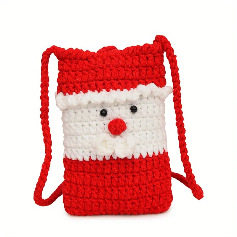 Charming Christmas Crochet Crossbody Bag - Handmade Santa & Reindeer Phone Pouch, Fabric Lined, Cartoon-Themed Fashion Accessory for Women