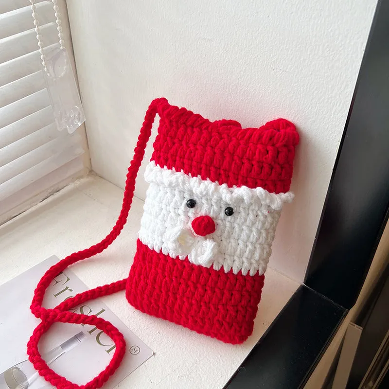 Charming Christmas Crochet Crossbody Bag - Handmade Santa & Reindeer Phone Pouch, Fabric Lined, Cartoon-Themed Fashion Accessory for Women