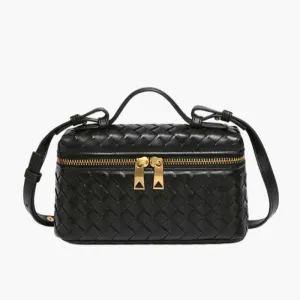 Chic Woven Vegan Leather Handbag with Gold Accents and Organized Interior