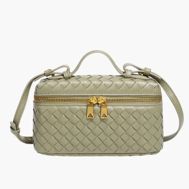 Chic Woven Vegan Leather Handbag with Gold Accents and Organized Interior