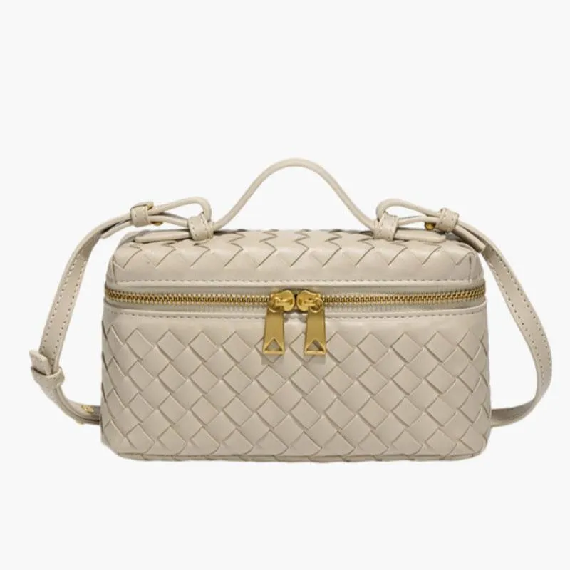 Chic Woven Vegan Leather Handbag with Gold Accents and Organized Interior